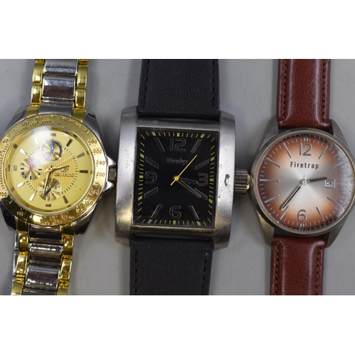 120 - Three Quartz Watches To Include Firetrap, Henley and Other. Working