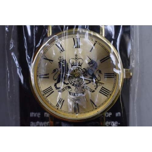 124 - Three watches one Amelia Carter gents, one gold with black strap featuring English coat of arms, and... 