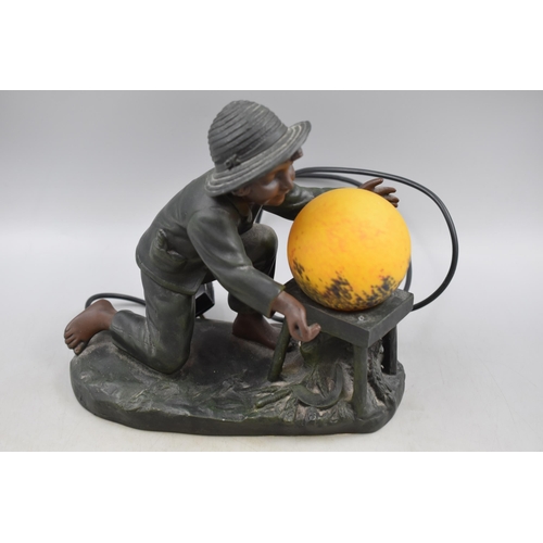 395 - Vintage Signed De Raneiri Lamp of a Small Boy with Orange Glass Globe fitted with lazy Switch workin... 