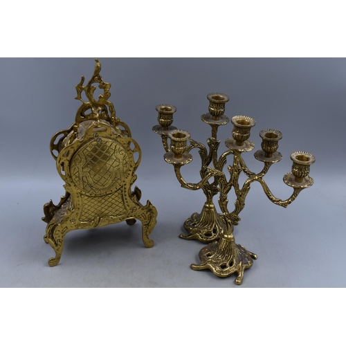 398 - An Ornate Brass Mantle Clock, With Pair of Candlestick Garnitures. Approx 13.5