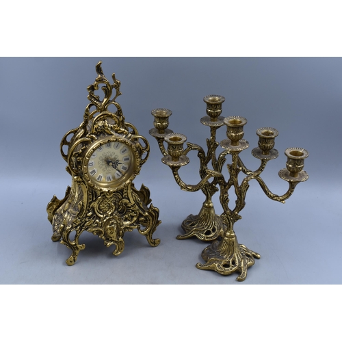 398 - An Ornate Brass Mantle Clock, With Pair of Candlestick Garnitures. Approx 13.5