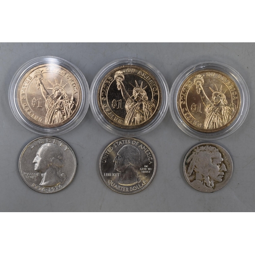 160 - Selection of Six USA Coins including three Presidential Dollars, two Qtr Dollars and a Buffalo Nicke... 