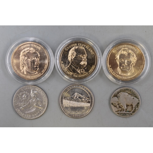 160 - Selection of Six USA Coins including three Presidential Dollars, two Qtr Dollars and a Buffalo Nicke... 