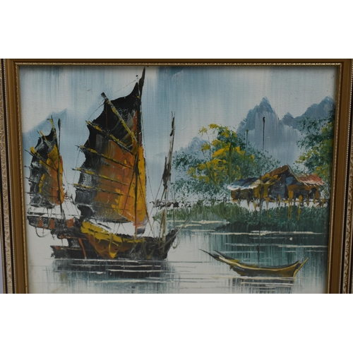 427 - Two Oriental Oil on Board Paintings of River Scenes in Framed and Glazed Mounts