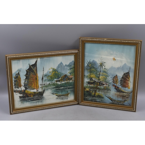 427 - Two Oriental Oil on Board Paintings of River Scenes in Framed and Glazed Mounts