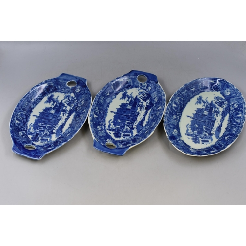 449 - Three Antique Ironstone Blue and White Serving Plates (12” x 8”)