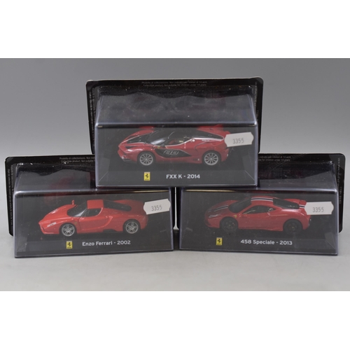 218 - Three Panini Die-Cast Model Cars, Enzo Ferrari ( 2002 ) Ferrari FXX K ( 2014 ) and Ferrari 458 Speci... 