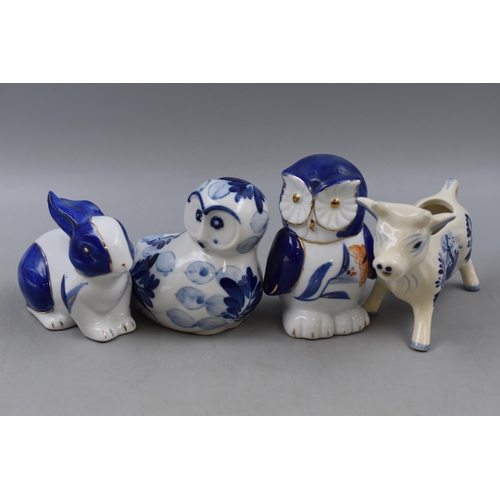 474 - Collection of Blue and White pottery to include Owls, Rabbit and a Delft Milk Jug