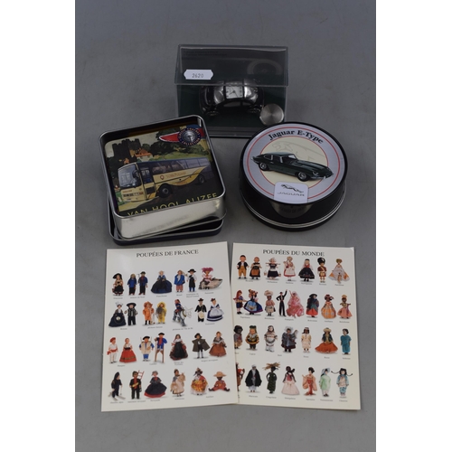 224 - Mixed Lot To Include Classic Miniature Clock as VW Beetle in Black, Two Collectible Drinks Coaster S... 