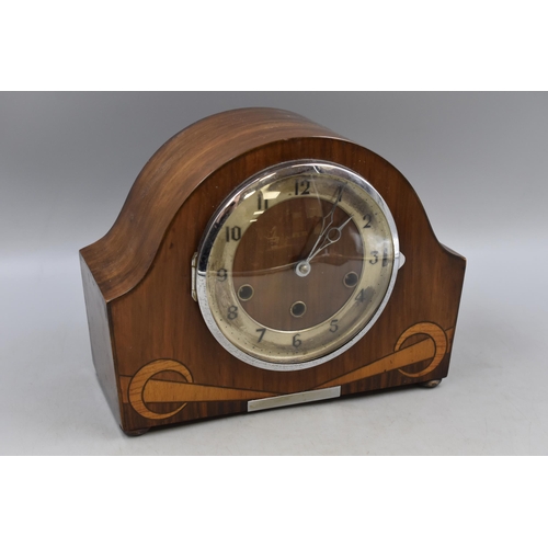 476 - Vintage Art Deco Wood Cased Mantle Clock complete with Key and Pendulum a/f