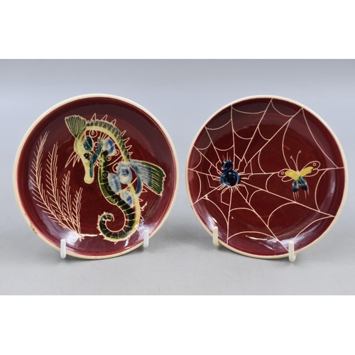 257 - Pair of Jo Lester Totland Pottery Display Plates with Stands Depicting a Seahorse and Spiders Web 4.... 