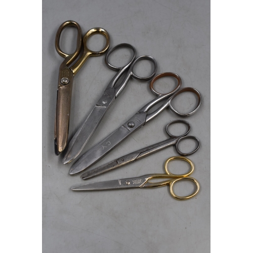 498 - Five pairs of metal scissors longest 7