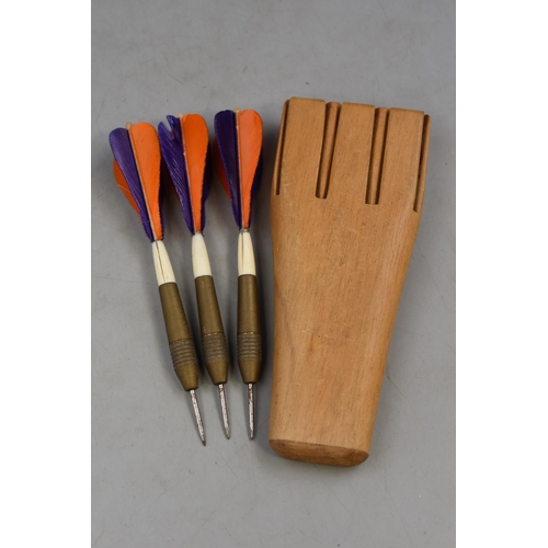 259 - Set of Vintage Feather Tipped darts in a Wooden Jacket Pocket Storage Case