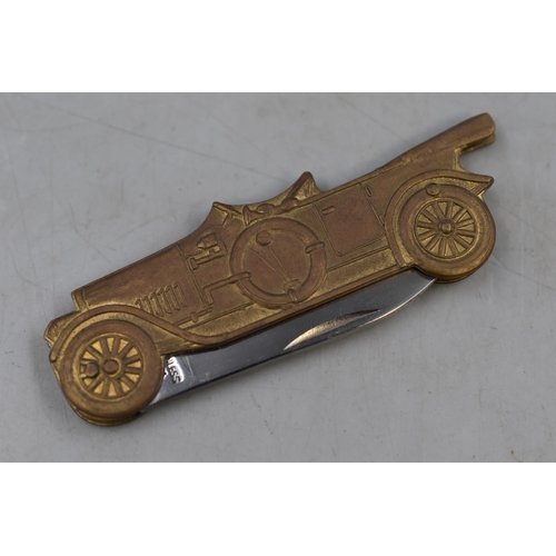 267 - Vintage Brass Folding Pocket Knife Depicting Vintage Car, Approx 5