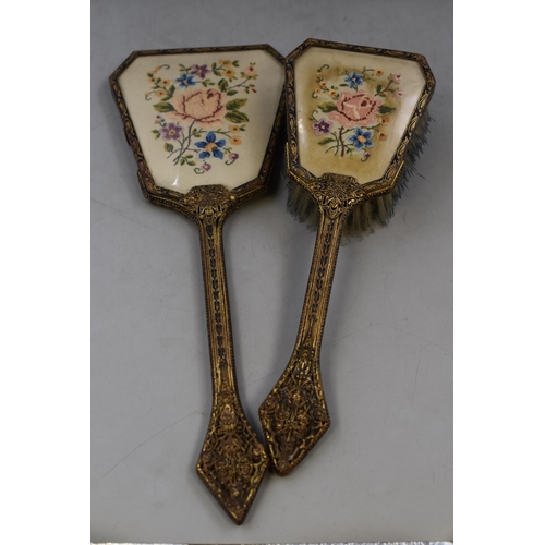 525 - Vintage petit point dresing table tray with brush and mirror all with filigree handels