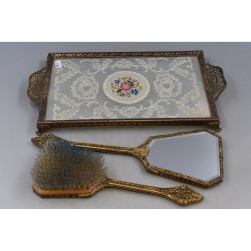 525 - Vintage petit point dresing table tray with brush and mirror all with filigree handels