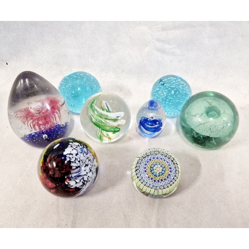 281 - Six Art Glass Paperweights and Two Blue Control Bubble Glass Balls