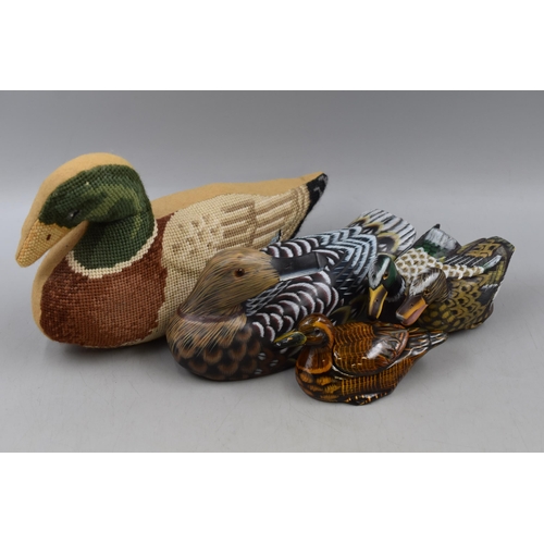 541 - Collection of Four Duck Statues to include wooden, Ceramic and Material