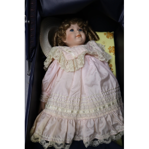 564 - Vintage Toy Pram with Beautiful Embroidered Decoration, comes with Alberon Porcelain Doll, and a Sil... 