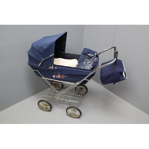 564 - Vintage Toy Pram with Beautiful Embroidered Decoration, comes with Alberon Porcelain Doll, and a Sil... 