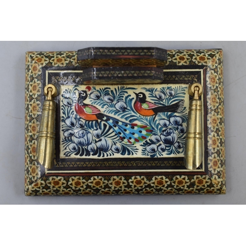 336 - Middle Eastern Khatam Kari Pen and Card Holder with Peacock Decoration