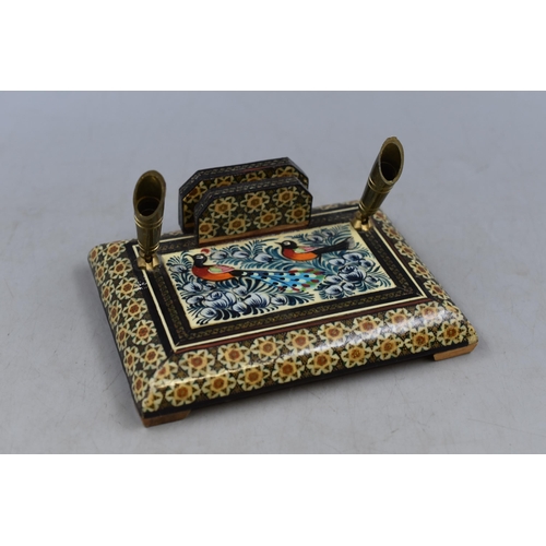 336 - Middle Eastern Khatam Kari Pen and Card Holder with Peacock Decoration