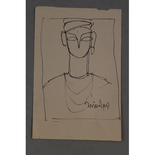 339 - Jamini Roy Signed Ink Sketch on Paper acquired by descent from Professor Rama Krishna Sen in Calcutt... 