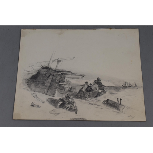 340 - A Nautical Pencil Sketch Signed J. Burton 1875, And Writing To The Back. Approx 10.5