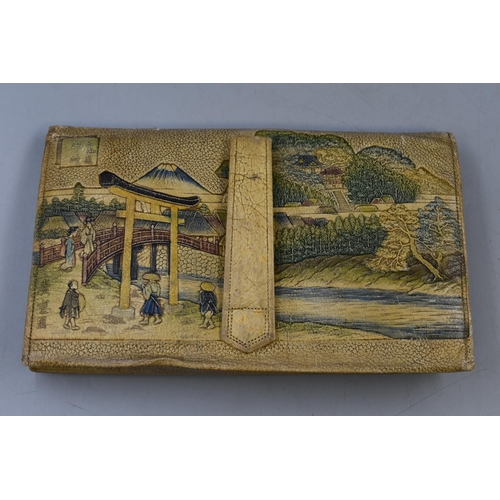 341 - Antique Leather Painted Oriental Clutch Bag (a/f at back, strap)