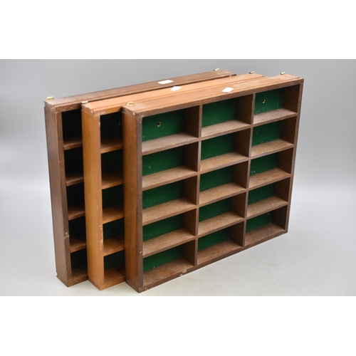 626 - Three Wood Display Cabinets ( Model Vehicles ) Spaces For Fifteen Models approx 13