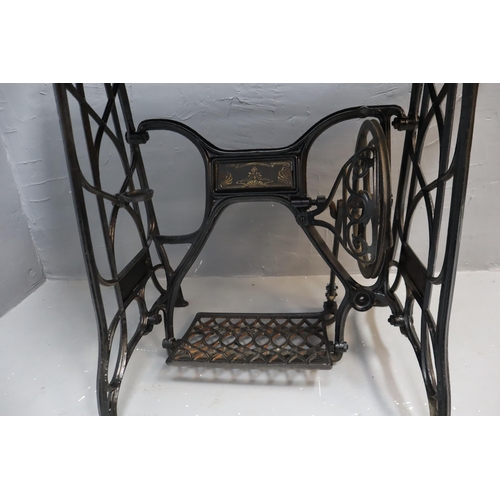 627 - Vintage Art Nouveau Wrought Iron Sewing Machine Stand with Pedal, with Solid Mahogany Table Top (Tab... 