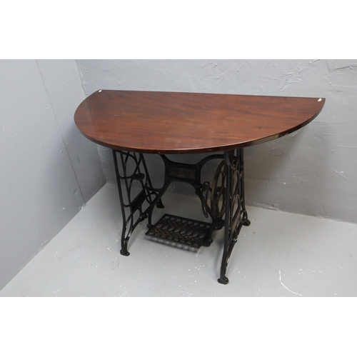 627 - Vintage Art Nouveau Wrought Iron Sewing Machine Stand with Pedal, with Solid Mahogany Table Top (Tab... 