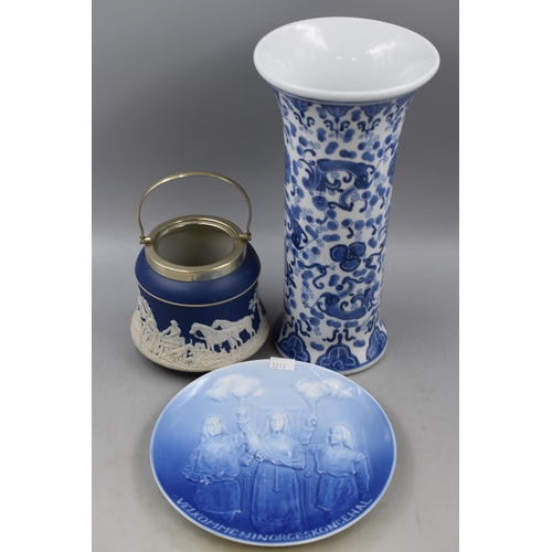 846 - Four items to include Blue and White Vase, Adams Ware Caddy (No Lid) and Two Wall Plaques