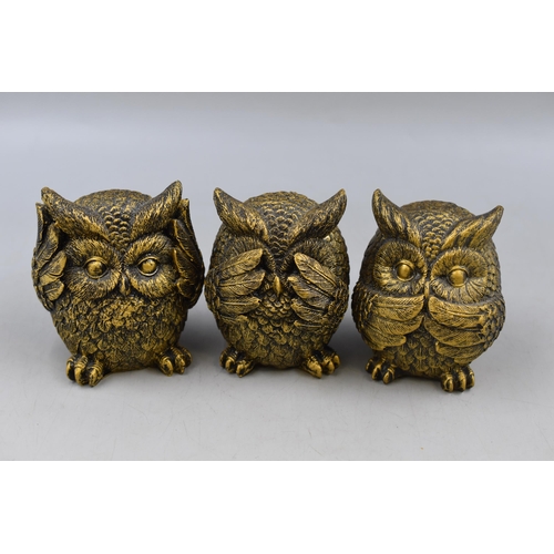 851 - A Set of Three Brass Effect Wise Owls, Approx 4