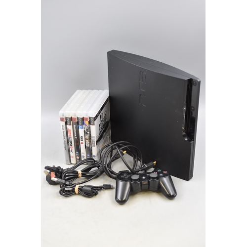 646 - A Playstation 3 Slim Console, With Controller, Cables and A Selection of Games. Powers on When Teste... 