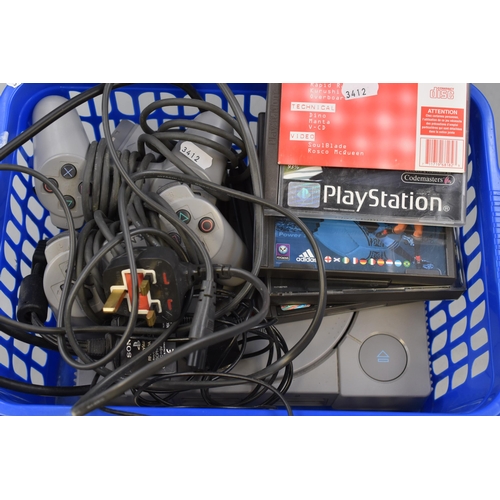 651 - A Playstation Console With Two Controllers, Five Games (Porsche Challenge, Crash Bandicoot, Power So... 