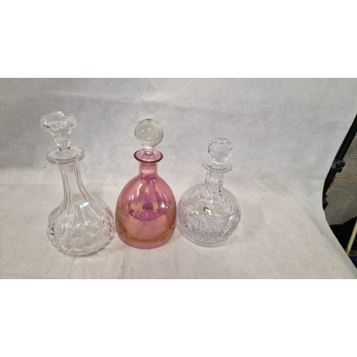 374 - Three Decanters includes Iridescent Red Glass and Georgian Crystal