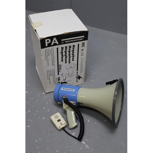 664 - Monacor Megaphone in Box, Untested (Requires Batteries, or can be charged with car charger included)