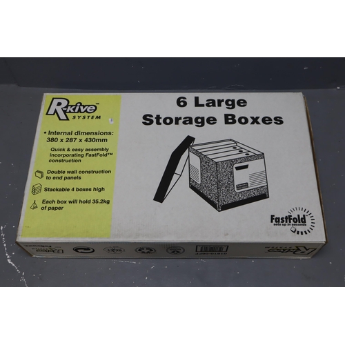 667 - New, six large storage boxes will hold 35kg of paper, box dimensions 380mm x 287m x 430mm, flat pack... 