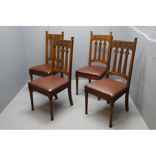 673 - Set of four Art Nouveau, oak, high back dining chairs.