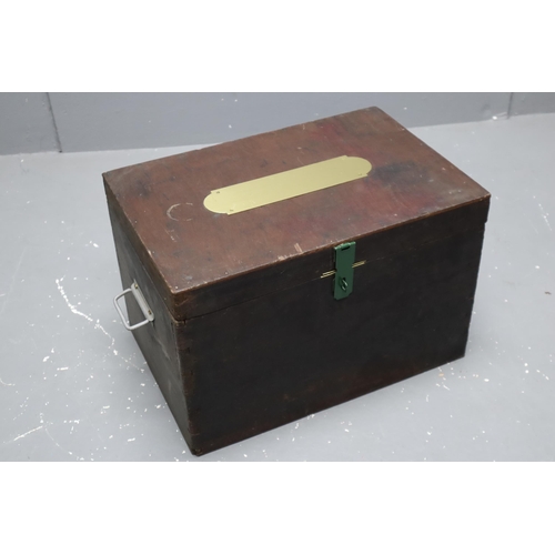 734 - Vintage Wooden Box with Brass Inlay, with Lock and Key (21” x 14” x 14”)