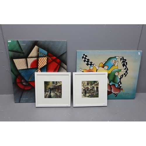 879 - Four Pictures to include 2 Abstract Art Canvas and 2 Boxed Parisian Prints (largest 24” x 20&r... 