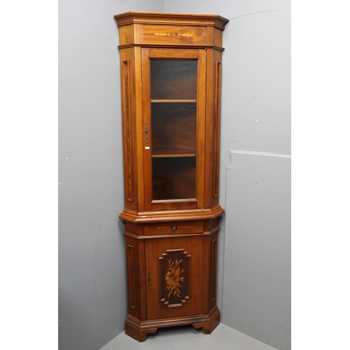 690 - Wooden Corner Display Cabinet with Marquetry Art Approx 79