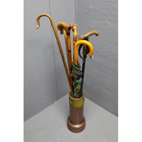 741 - Unusual Stick / Brolly Stand With Brass Top Around A Salt Glaze Base