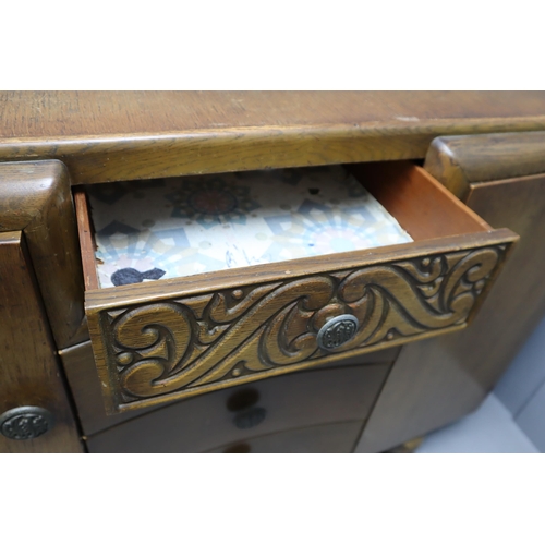 705 - Antique 1940's Oak Four Drawer Two Cupboard Buffet Sideboard Decorated with Art deco Style Hand carv... 