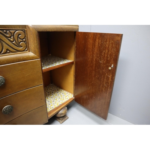 705 - Antique 1940's Oak Four Drawer Two Cupboard Buffet Sideboard Decorated with Art deco Style Hand carv... 