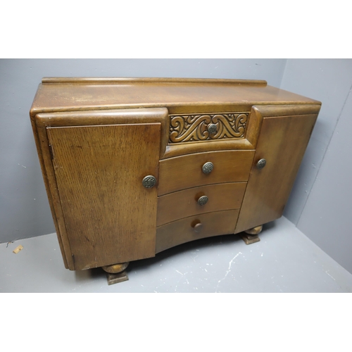 705 - Antique 1940's Oak Four Drawer Two Cupboard Buffet Sideboard Decorated with Art deco Style Hand carv... 