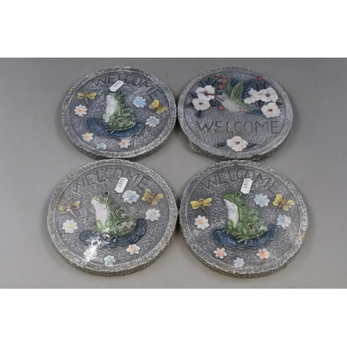 788 - Four Stone Circular Welcome Plaques, Three Depict Frogs and One Hummingbird. Approx 7