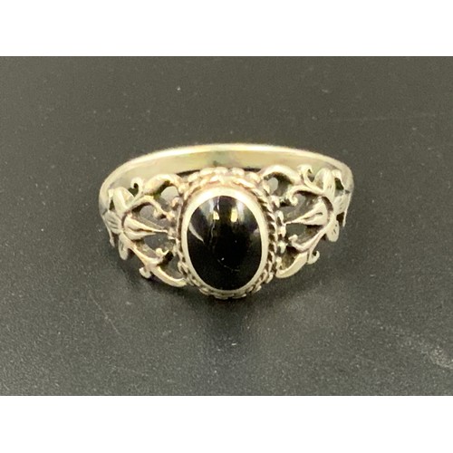 260 - Silver 925 Black Stoned Ring Complete with Presentation Box (Size R) 