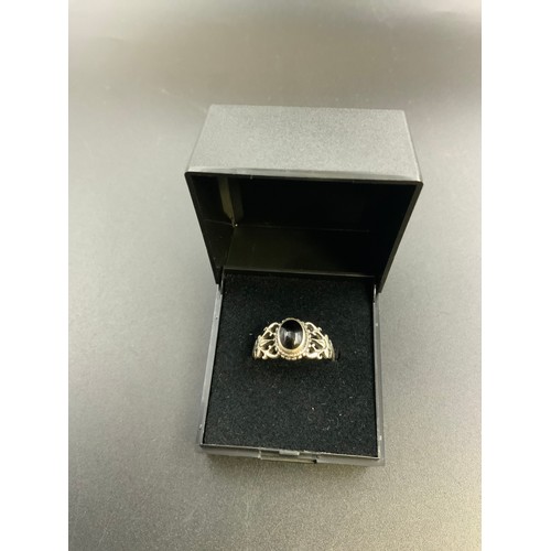 260 - Silver 925 Black Stoned Ring Complete with Presentation Box (Size R) 